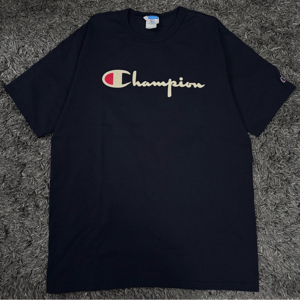 Vintage Champion Suede Logo Navy Blue T Shirt